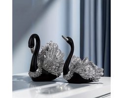 Paar van 2 stuks Zwarte Zwanen Beeldjes van Hars – Groot formaat - Decoratieve Swan Figuren voor Woonkamer en Interieur – Elegante Dier Sculpturen en Kunstwerken – Moderne Decoratie