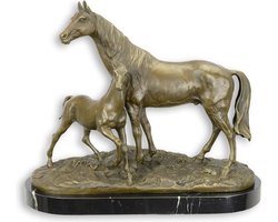 Paard en Veulen - Bronzen Beeld - Kunst Decoratie - Paarden Sculptuur - Brons - 41x17x34