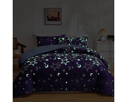 Paars beddengoed, 135 x 200 cm, kinderbeddengoed, ster, maan, oplichtend in het donker, eenpersoonsbed, dekbedovertrek, violet, blauw, omkeerbaar beddengoed, voor dames, meisjes, zachte