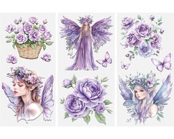Paarse Bloemen Elf Transfers Stickers voor Meubel- en Knutseldecoratie - 3 Vellen voor Dressoirs, Kasten en Renovatie van Oude Meubels
