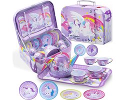 Paarse eenhoorn theeset voor peuters theekransje voor kinderen kinderen doen alsof rollenspel blikken theepot set met kopjes, borden en draagtas keuken speelgoed voor kleine meisjes