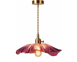 Paarse glazen hanglamp, hanglamp met zonnebloemblaadjes-design, voorzien van zuiver koperen fitting en plafondkap (10 cm),E27-fitting, verstelbaar snoer (150 cm),Art Deco-plafondlamp voor eetkamer, kookeiland, bar, café en slaapkamer (diameter 28 cm)