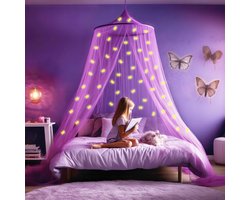 Paarse Klamboe met Glow in the Dark Eenhoorns - Paars Hemelbed voor Kinderkamer of Volwassenen - Eenhoorn Sluier, Hemeltje en Bedtent - Baby Muggennet Bedhemel Decoratie