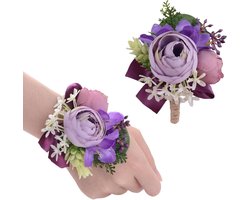 Paarse Kunstmatige Corsage en Boutonnière Set - Rozen Pols Corsage Armband voor Prom, Bruiloft, Bruidsmeisje
