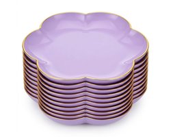 Paarse kunststof gebaksborden 10 delige set – bloemvormige plastic dessertborden met goudkleurige rand – bordjes voor gebak, dessert, fruit, salade, hapjes, picknick, bruiloft en feest