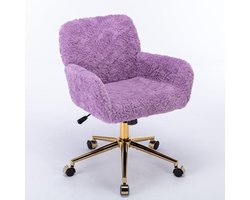 Paarse Pluche Make-up Stoel - In Hoogte Verstelbare Bureaustoel - 360 Graden Draaibaar - Kantelfunctie - Met Armleuningen - Slaapkamer - 61x60x90cm - Paars