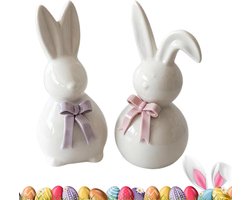 Paas Konijn Sculptuur - Keramisch Beeldje - Seizoensdecoratie - Speels Strik Ontwerp - 15 cm Hoog - Paars en Roze