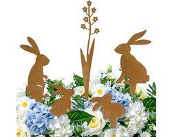 Paas Tuindecoratie Set - Paashaasjes Bloemen - Tuin Aankleden - Roestlook Metaal - 5 Delig - Multicolor