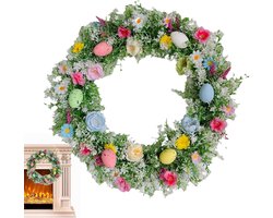 Paasdecoratie, decoratief plastic ornament 35 cm | Paasdecoratie voor binnen en buiten, voor deuren, erven, balkons, terrassen, tuinen, woonkamers, muren en ramen - Kunstmatige decoratieve paaskrans deurklopper