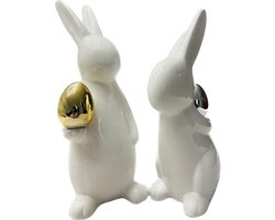 Paasdecoratie, set van 2 decoratieve hazen van wit porselein met ei in goud en zilver, elegante paasdecoratie voor tafel, vensterbank of cadeau-idee
