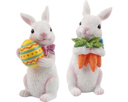 Paashaas Decoratieve Beeldjes - Konijn Decoratie - 2 Stuks Paashaasdecoraties - Figuurtjes Met Wortel En Ei - Hars Paasdecoratie - Konijn Voor Lentedecoratie - Bureaudecoratie