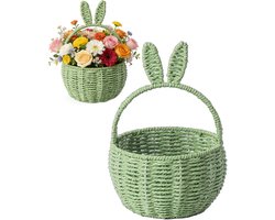 Paasmandje - 19 x 28 cm - Paasmandje met konijntje - Handgevlochten - Picknickmand - Geweven mandje met handvat en konijnenoortjes - Rotanmand - Gevlochten bloemenmand - Fruit Mand - Voor Pasen en Bruiloft - Feestdecoratie - Voor Snoep Koekjes