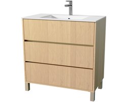 Pack Meuble Salle de Bains 80 cm Chêne Clair, 3 tiroirs avec Vasque Céramique - XENOS