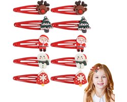 Pack of 10 Haarclips voor Kerstmis - Rode Haarclips - Feestelijke Motieven (Sneeuwman, Rendier) - Cadeau - Kinderaccessoires - Party Decoratie