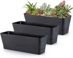 Pack of 3 - 30.5 cm Rectangular Plastic Flower Pot for Succulents, Herbs, Vegetables (Black) - Outdoor Balcony Garden