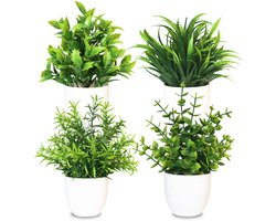 Pack of 4 Artificial Plants Artificial Plants Plastic Plants Small Green Pot Plants for Home Bedroom Kitchen Office Decoration