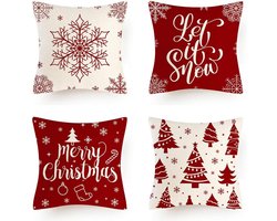 Pack of 4 cushion covers, Christmas element style pattern, decorative cotton linen cushion covers (40 x 40 cm, Red Christmas)