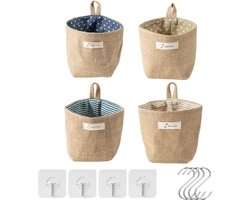 Pack of 4 Hanging Bags, Cotton Linen Wall Hanging, Foldable Storage Baskets, Waterproof Hanging Wall Mounted Organiser with S Handle and J Hook for Small Items, Keys, Flower Pot