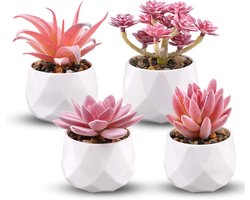 Pack of 4 Mini Kunstplanten - Succulents met Bloempot - Decoratieve Planten - Plastic Kleine Nepplanten voor Woonkamer en Bureau Decoratie