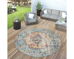 Paco Home Buiten Vloerkleed Modern Oosterse Print Terrasvloerkleed Weerbestendig Turquoise Ø 200 cm Rund
