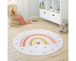 Paco Home Kindervloerkleed Kinderkamer Meisjes Jongens Ster Maan Olifant Regenboog Ø 120 cm Rund