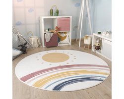 Paco Home Tapijt Rond Voor Kinderen Vloerkleed Kinderkamer Regenboog Wasbaar In Wasmachine Ø 100 cm Rund