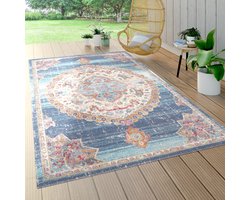Paco Home Tapijt Voor Binnen En Buiten Terras Keuken Oosters Patroon Randen Blauw Beige 60x100 cm