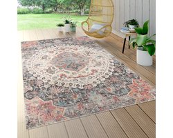 Paco Home vloerkleed voor binnen en buiten, laagpolig voor op het balkon terras, oriëntaals patroon grijs Ø 200 cm Rund