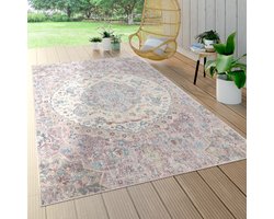 Paco Home vloerkleed voor binnen en buiten, laagpolig voor op het balkon terras, oriëntaals patroon roze Ø 200 cm Rund