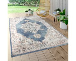 Paco Home vloerkleed voor binnen en buiten, laagpolig voor op het balkon terras, oriëntaalse look blauw Ø 200 cm Rund