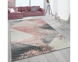 Paco Home Vloerkleed Woonkamer Grijs/Wit/Roze/Pastel Driehoekpatroon Vintage-Design Laagpolig 160x230 cm
