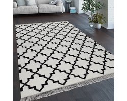 Paco Home vloerkleed woonkamer Marokkaans patroon franjes handgeweven wol katoen wit 60x110 cm