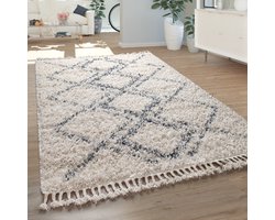 Paco Home vloerkleed woonkamer shaggy hoogpolig modern ruit ruitpatroon in crème blauw 80x150 cm