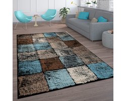 Paco Home Vloerkleed Woonkamer Vintage Laagpolig Marokkaans Patroon Ruiten Turquoise Bruin 80x150 cm