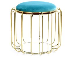 Padiro 2-in-1 bijzettafel en kruk - Ø 50 x 45 cm - Turkoois / Goudkleurig - Modern Art deco Glamour - Spiegelglas, Schuim, IJzer, Fluweel, MDF - omkeerbaar blad