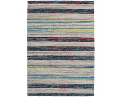 Padiro laagpolig vloerkleed 120 x 170 cm - natuur / blauw - retro gestreepte design - geschikt voor vloerverwarming - handgeweven van wol en katoen