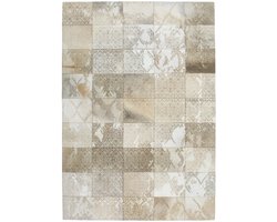 Padiro laagpolig vloerkleed 75 x 140 cm - beige - vintage patchwork design - geschikt voor vloerverwarming - handgemaakt van leer en polyester