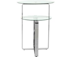 Padiro ronde bijzettafel - Ø 59 x 60 cm - Zilverkleurig - Modern Art deco Glamour - Glas, Roestvrij staal - met legplank - met opbergruimte