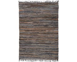 Padiro stijlvol laagpolig vloerkleed 200 x 300 cm - donkerbruin - gemêleerd streeppatroon - met franjes - voor vloerverwarming - van leer en katoen