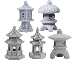 Pagode Tuinbeelden - Japanse Lantaarns - Tuin Decoratie - Realistische Steen Textuur - 5 stuks - Grijs