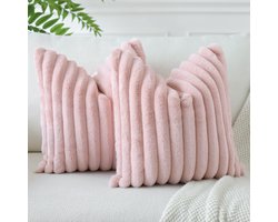 Pak van 2 zachte fluwelen kussenhoezen, zachte imitatiebont kussenslopen, decoratieve kussenhoezen voor bank, slaapkamer, huis en auto, 60 x 60 cm, leer roze