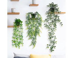 Pak van 3 Kunstmatige Hangplanten met Potten - Eucalyptus Bladeren - Onderhoudsvrije Kunstplanten voor Binnen en Buiten