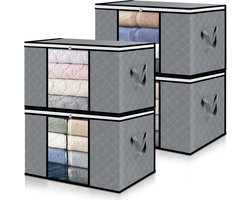 Pak van 4 | 90L opbergzakken, kledingopbergzakken, niet-geweven stof met transparant venster, 60 x 43 x 35 cm, opvouwbare dozen, onderbedorganizer voor dekbedden, handdoeken, kussens