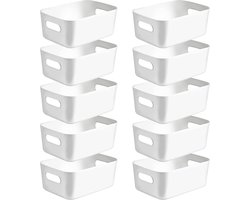 Pakket van 10 opbergdozen, plastic opbergmand, keukenkastorganizer met handvatten, manden, plastic doos voor badkamer, keuken, voorraadkast (wit, middelgroot)