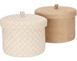 Pakket van 2 Jute en Katoenen Linnen Opbergmand, Schattige Ronde Doos voor Toiletartikelen, Speelgoed, Diverse Items, 5 Liter Bureau Gadget Organizer met Deksel (Medium B)