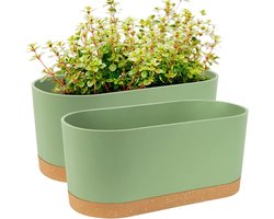 Pakket van 2 raamboxen, plantenbakken, 40 x 17,8 cm, zelfwaterende potten met afvoergaten en dienbladen, moderne decoratieve bloempot voor alle kamerplanten, bloemen, kruiden (groen)