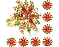 Pakket van 8 Kerstservetringen, Gouden Kerstbloemen Servethouder, Kerstservetgesp met Strass-steentjes voor Kerst, Thanksgiving, Feest, Vakantie, Bruiloft, Tafeldecoratie (4 x 4)