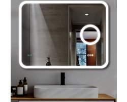 Palladia Edge LED Spiegel met Verwarmingselement, Witte klok, Ingebouwde spiegel 3X vergroting met verlichting, Instelbare witte LED kleur, Touch sensor met 3 zones, Touch sensor dimmer
