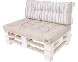 Palletkussens Set - Tuinkussens Bank - Buiten Zitten - Met Opbergvakje - 120x80 cm - Ecru Strepen