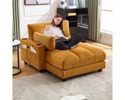 Palm fauteuil, pluizig gestreepte bekleding, leuning met rolkussens, kleppen voor het hoofd, drie bekers en een broekzak aan de zijkant passen in een woonkamer en een slaapkamer, mosterd